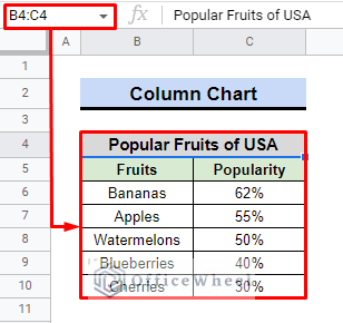 selection of range in google sheets