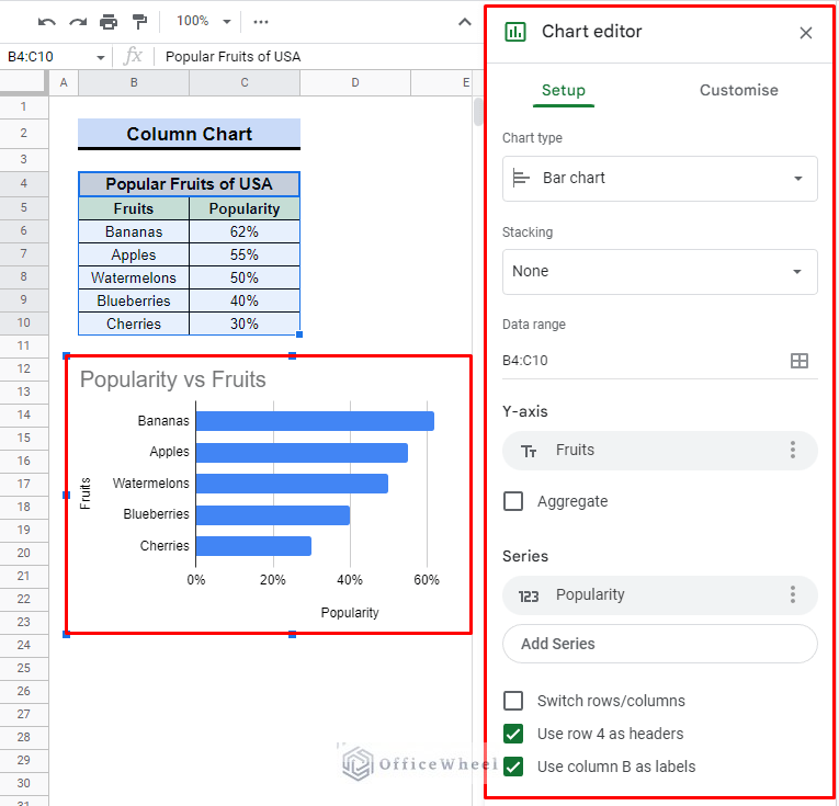 use of toolbar to access chart in google sheets