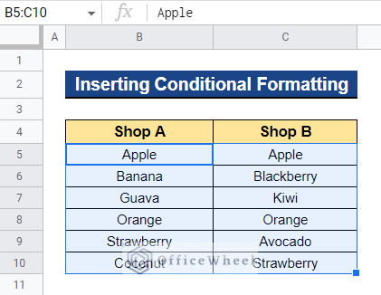 Inserting Conditional Formatting for Row Matching between Two Columns in Google Sheets
