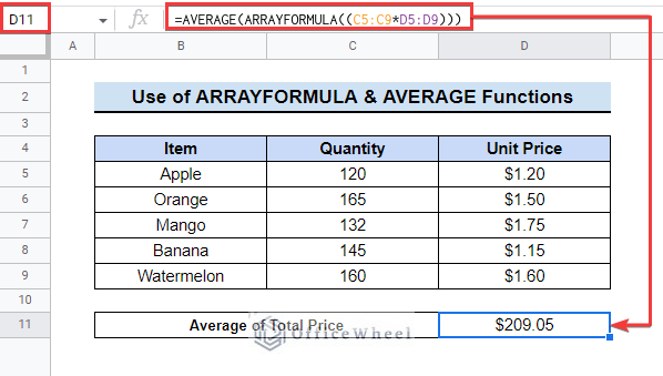 Using AVERAGE and ARRAYFORMULA Functions