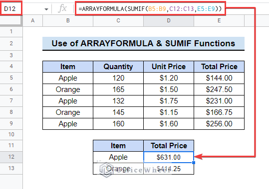 Utilizing SUMIF and ARRAYFORMULA Functions
