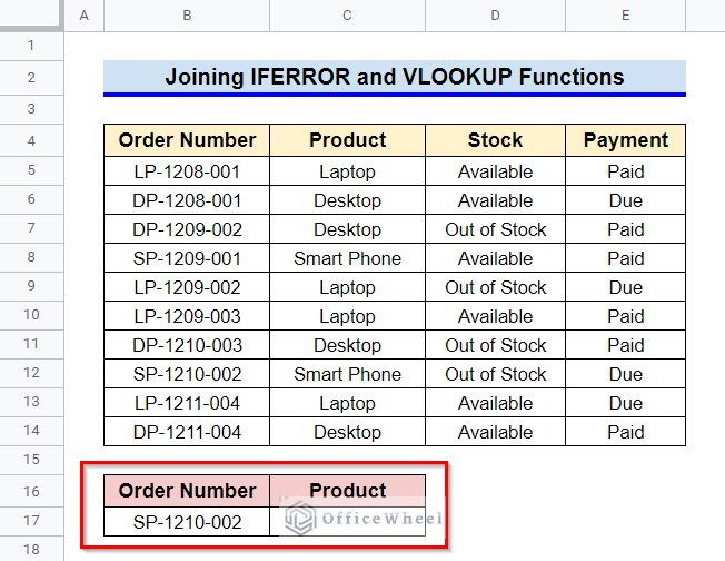 How to Join EFERROR and VLOOKUP Functions in Google Sheets if cell contains text then return value in another cell