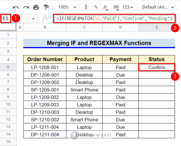 How to Merge IF and REGEXMATCH Functions in Google Sheets if cell contains text then return value in another cell