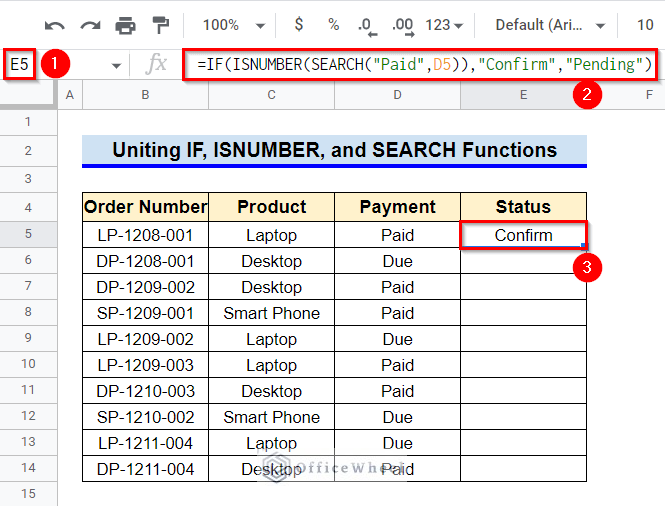 How to Merge IF, ISNUMBER and SEARCH Functions in Google Sheets if cell contains text then return value in another cell