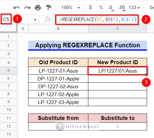 Applying REGEXREPLACE Function as an Alternative to the SUBSTITUTE Function in Google Sheets