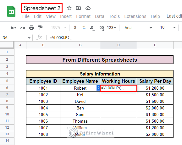 vlookup from different spreadsheets in google sheets
