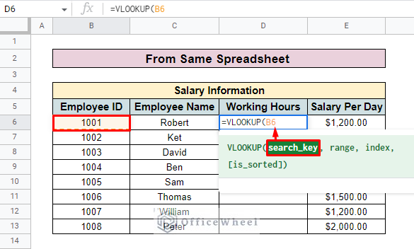 insert search key for vlookup