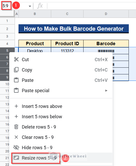 Resizing Rows 5 to 9