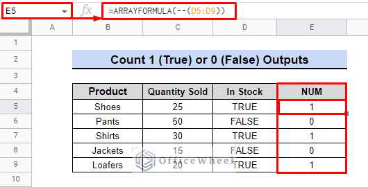use of arrayformula to convert boolean values to numeric value