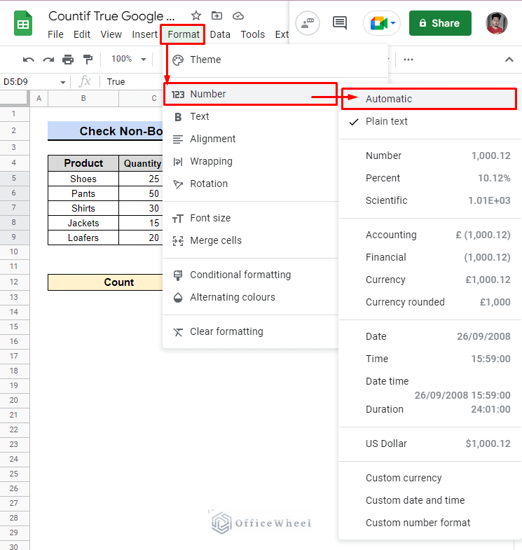 data format from text to automatic in google sheets