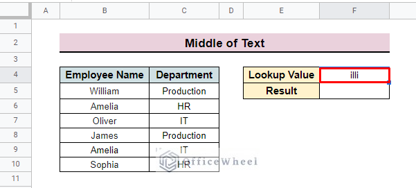set look up value in the middle of the text