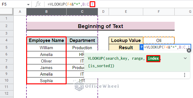 set index in vlookup function