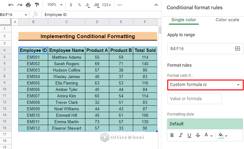select the custom formula is option