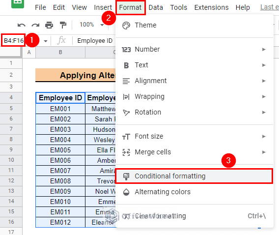select conditonal formatting to apply alternating colors for every nth row in google sheets