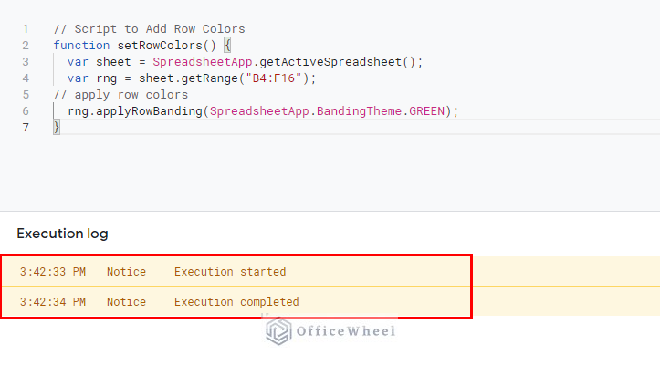 message after executing code