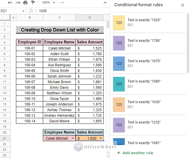 continue selecting add another rule to have a different color applied to every name
