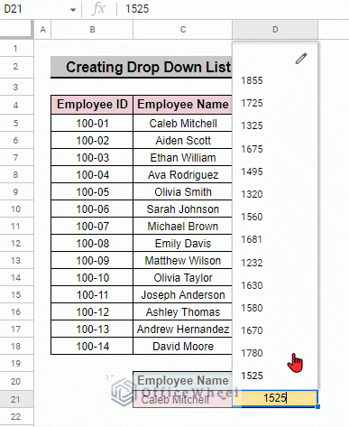final dataset after adding color to the drop down list in Google Sheets
