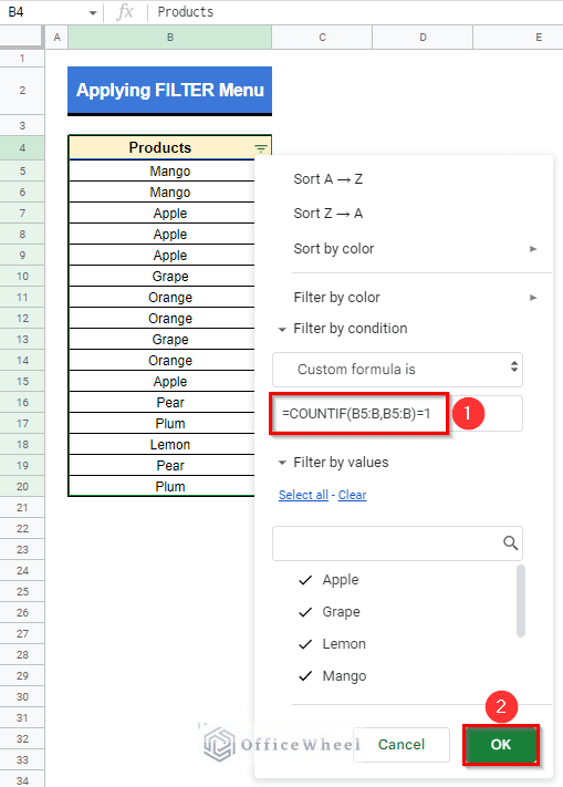 Applying Custom Formula in Filter Menu to filter unique rows in google sheets