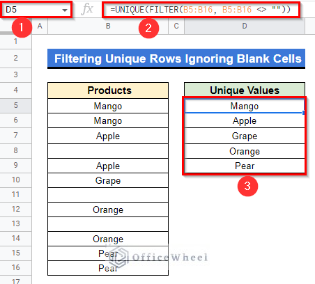 Filter Unique Rows Ignoring Blank Cells in Google Sheets