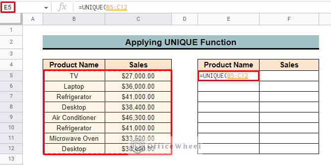 insert range to find unique values between 2 columns in google sheets