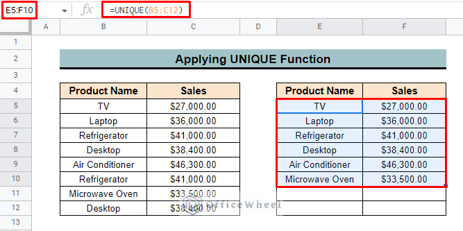 outcome of google sheets find unique values between 2 columns