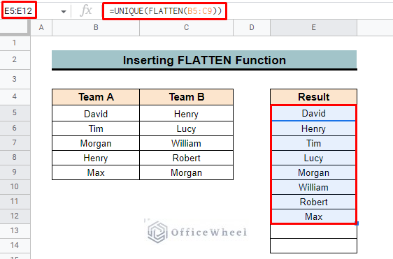 outcome of unique function between two columns in google sheets