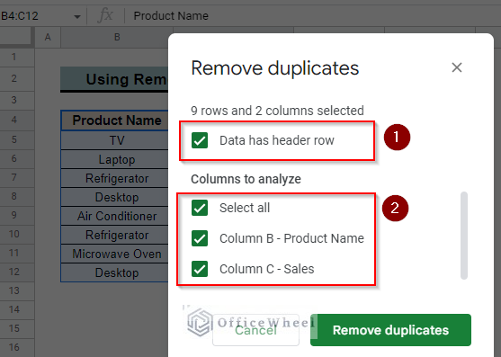 check on columns and headers