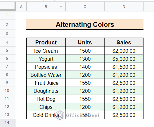 visualization of green highlight after applying alternating colors
