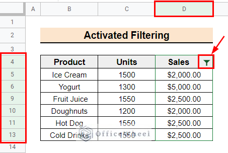 visualization of green-hightighted headers and filter icon