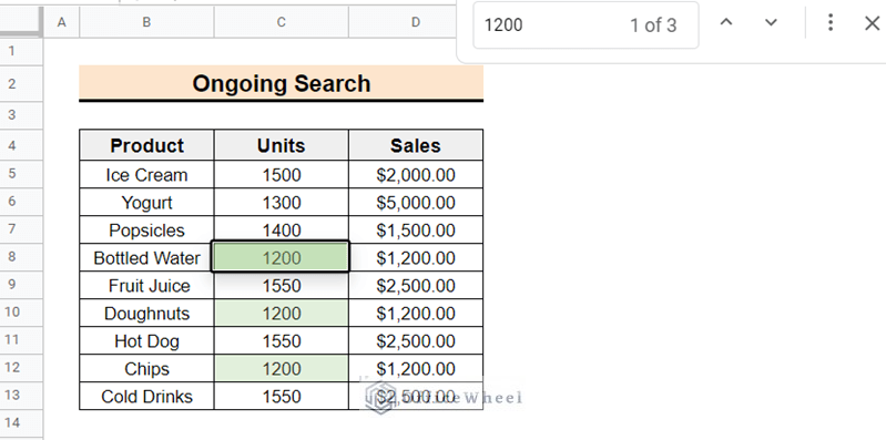 Green highlight in sheet due to ongoing search