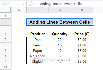 adding line all over the cells in google sheets