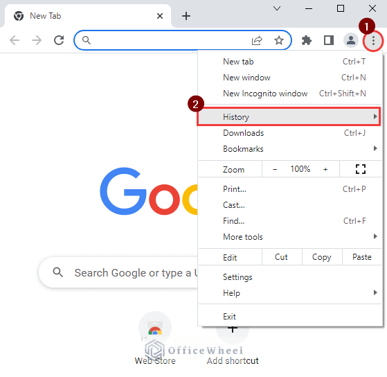 Choosing History from the menu