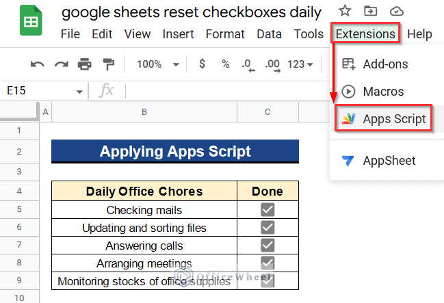 Opening Apps Script Window under Extensions Menu