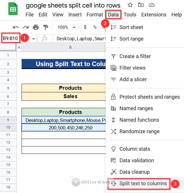 Selecting Split Text to Columns Tool to Split Cell into Rows in Google Sheets