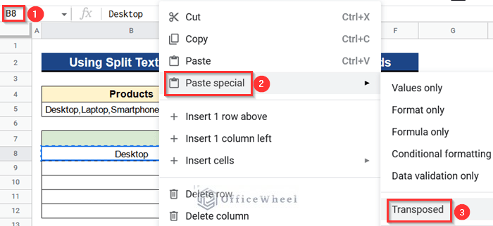 Using Transposed Command to Split Cell into Rows in Google Sheets