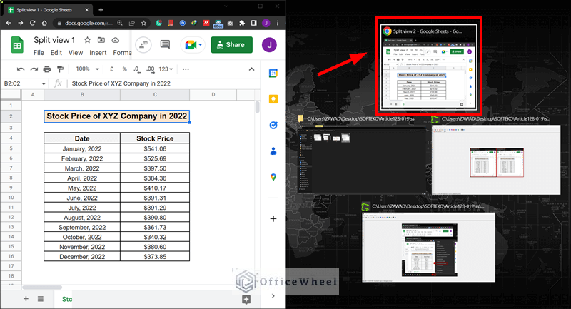 Selecting the Split view 2 spreadsheets to view in split form