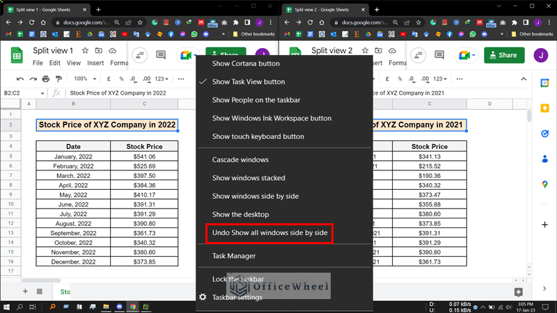 Selecting options to remove split view