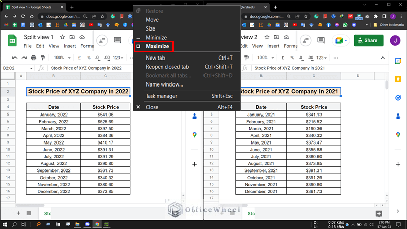 Selecting option Maximum to remove the split view