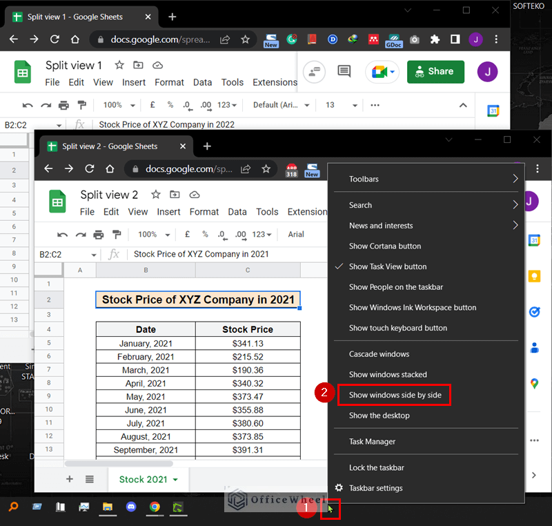 Selecting the taskbar options to split the view