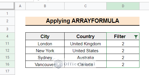 output of google sheets remove unique values using ARRAYFORMULA