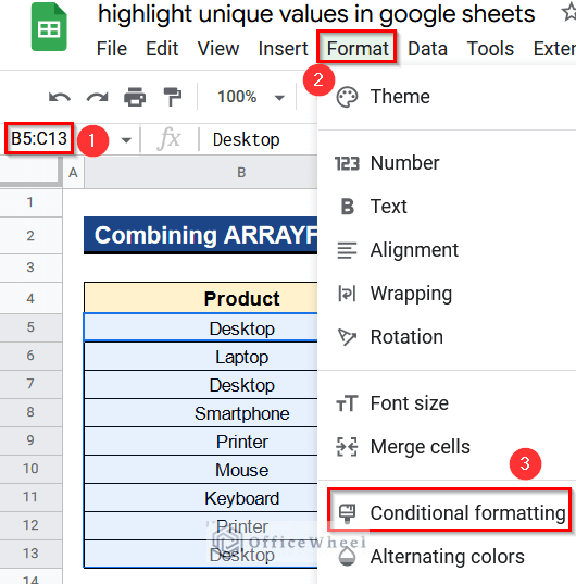 Combining ARRAYFORMULA and COUNTIF Functions to Highlight Unique Values in Google Sheets