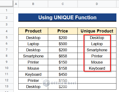 Using UNIQUE Function to Highlight Unique Values in Google Sheets