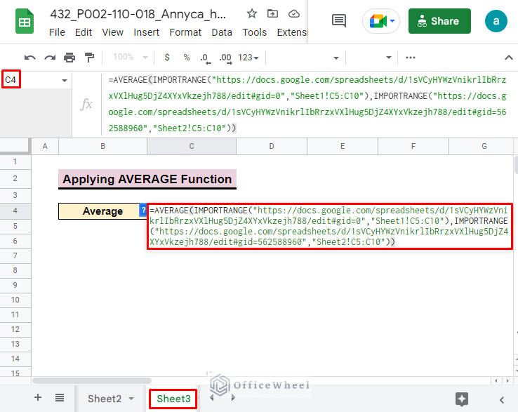 combine average and importrange function in google sheets