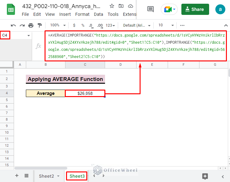 final outcome of how to average cells from different sheets in google sheets