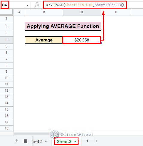 outcome of how to average cells from different sheets in google sheets