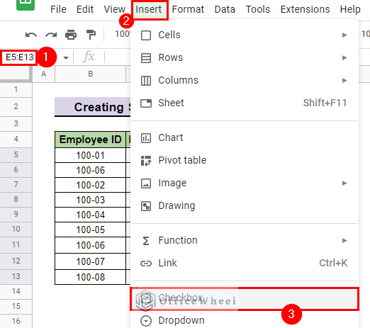 insert checkboxes from insert menu