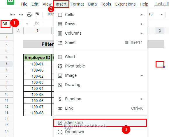 insert checkboxes from insert menu