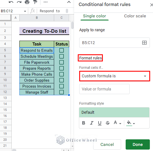 select custom formula is option
