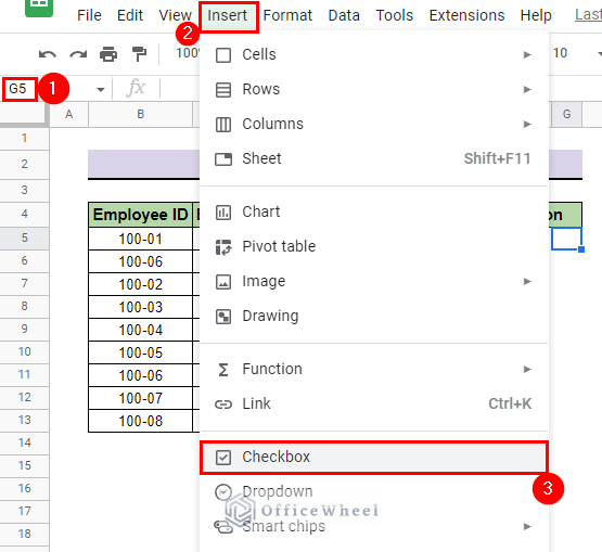 insert checkbox from menu bar