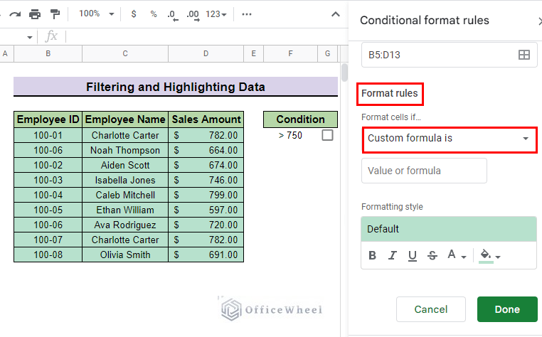 select custom formula is option